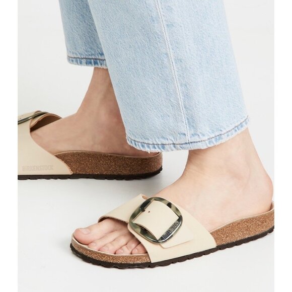 Birkenstock Cream Sandals with Gold Buckle - Picture 1 of 16